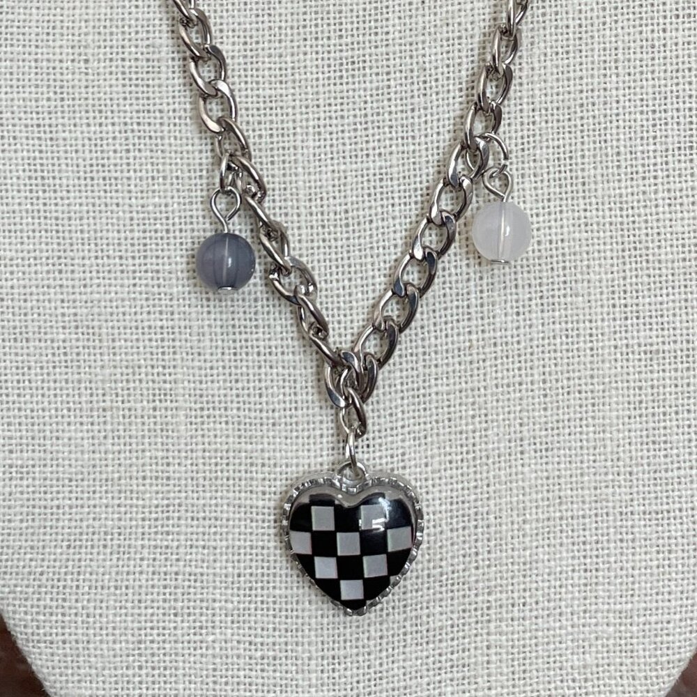 Black Checkerboard Heart Charm Necklace